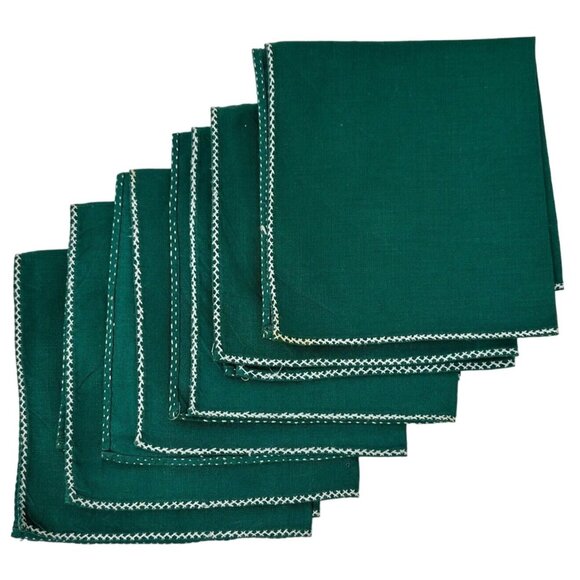 Green Cloth Napkins White Embroidered Floral Design Square Set of 6 - Picture 2 of 11